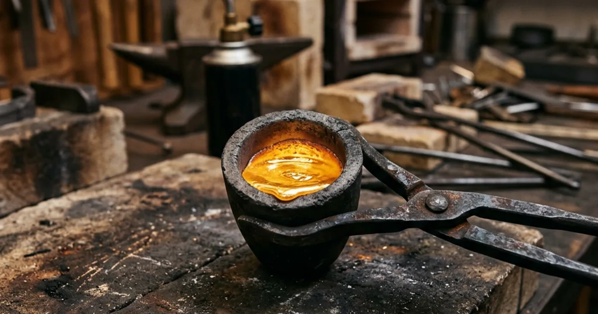 A jeweler's crucible containing molten gold