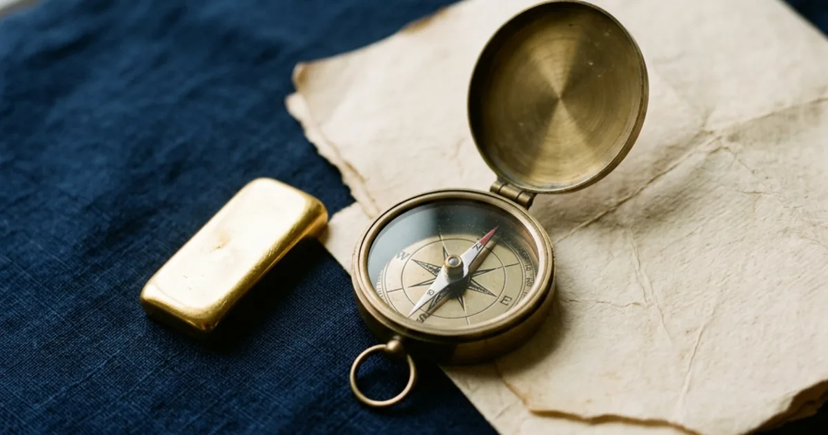 Gold ingot, compass and folded paper map
