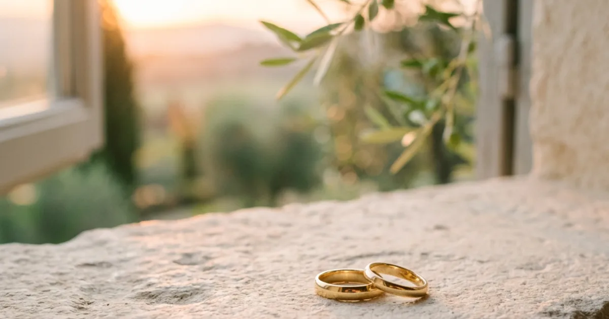 Gold wedding bands on a sunlit stone ledge