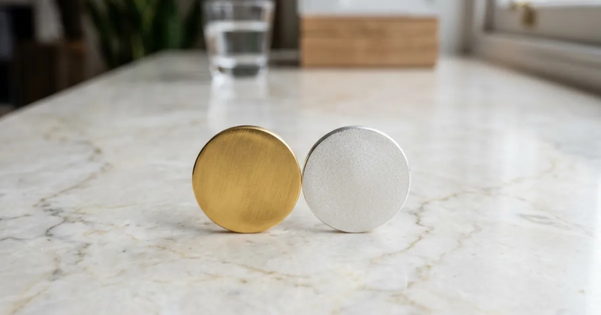 Gold and silver discs displayed side by side on marble