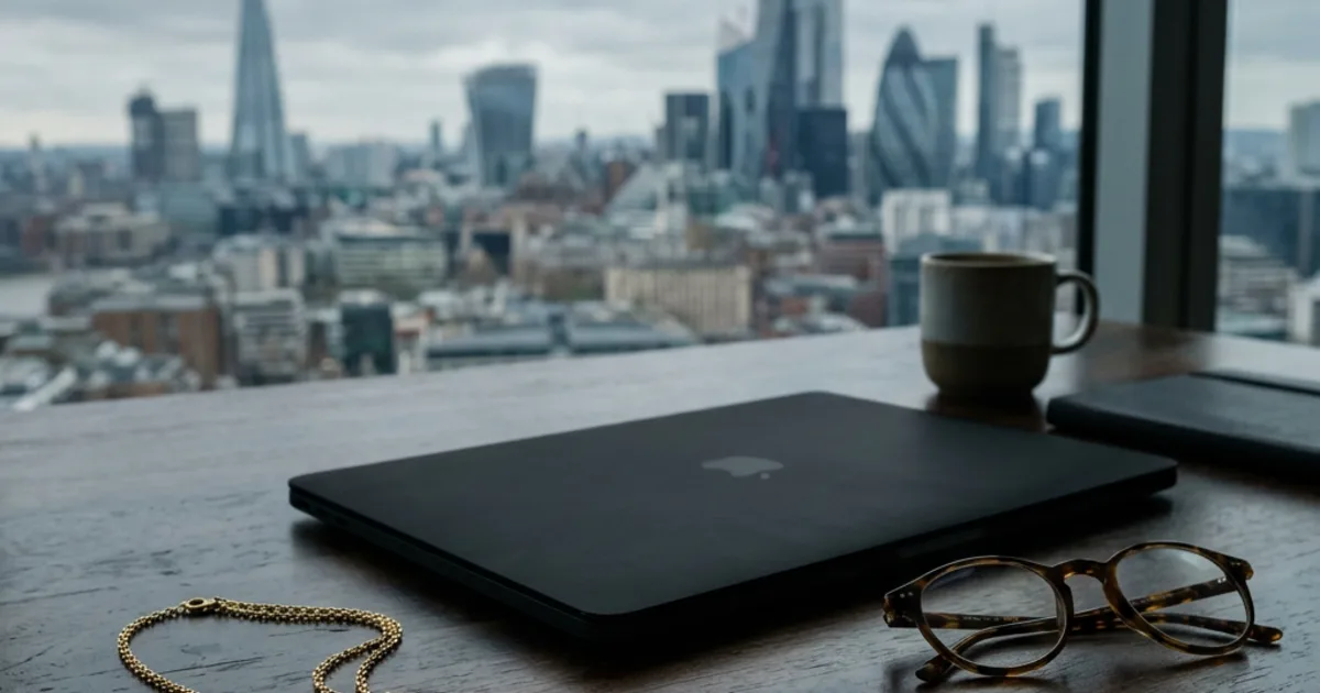 Gold chain beside a closed laptop and reading glasses