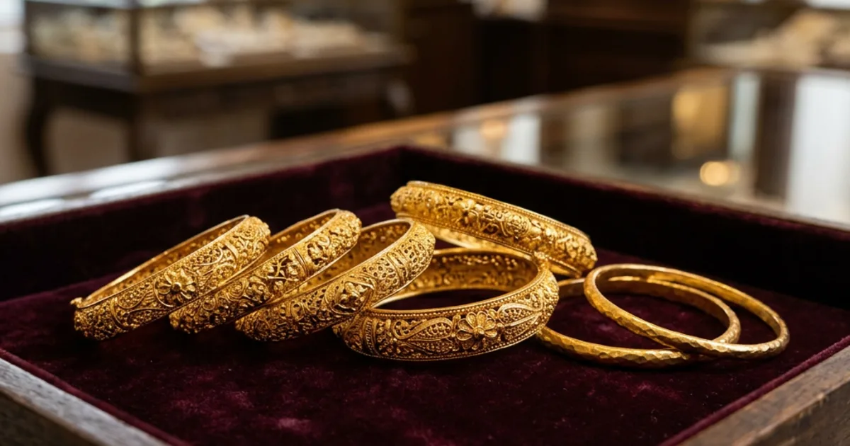 Handcrafted gold bangles on burgundy velvet