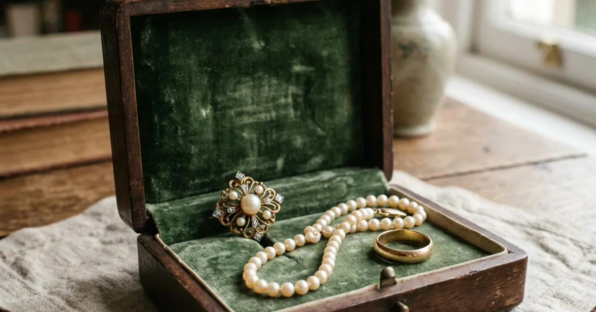 An open heirloom jewelry box with gold and pearl pieces