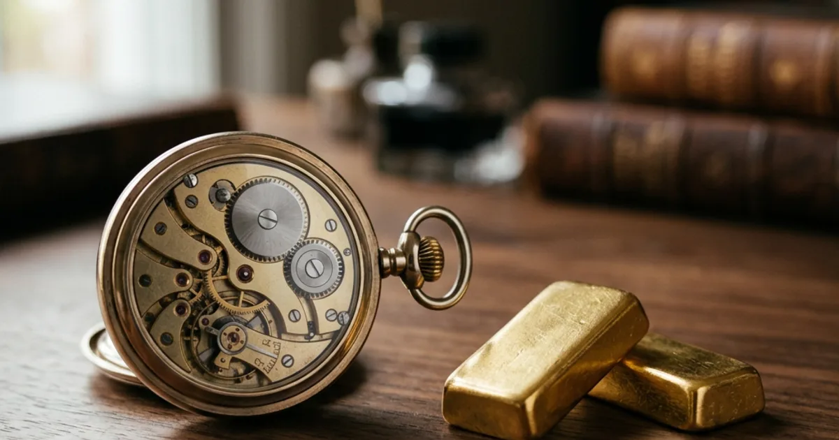 Pocket watch and small gold ingots on a wooden desk