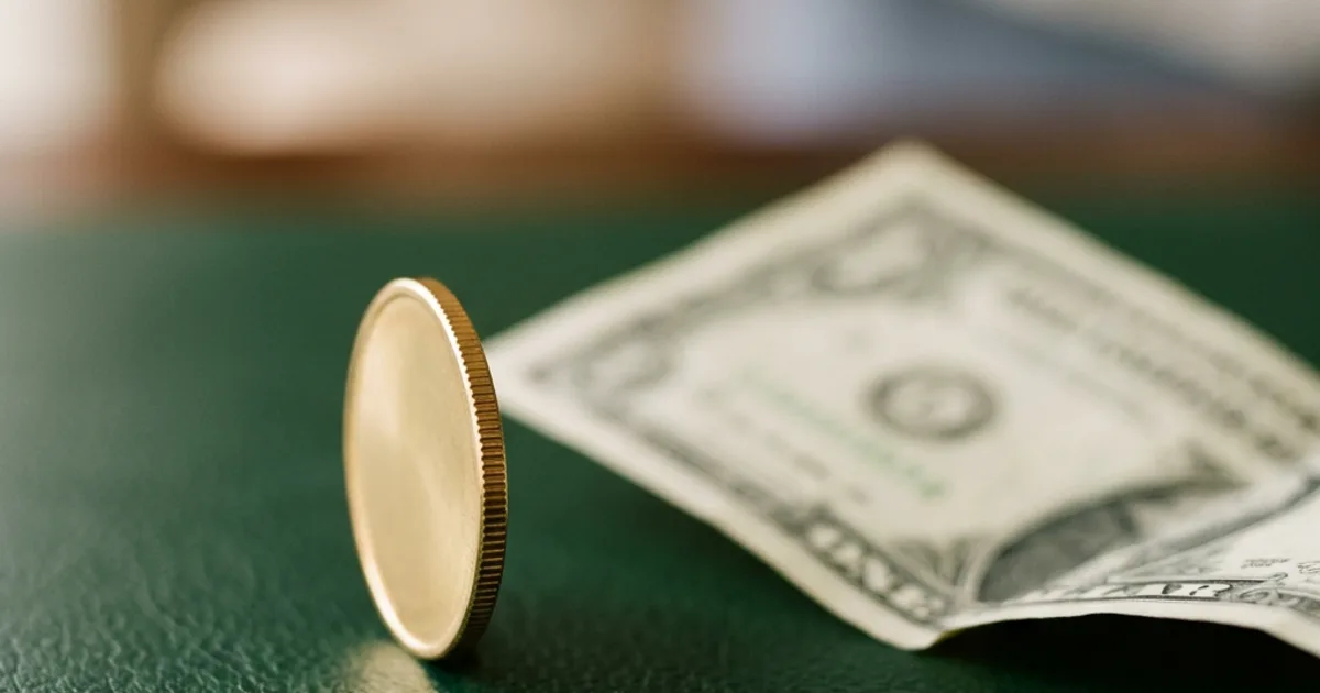Gold disc beside a softly focused U.S. dollar bill