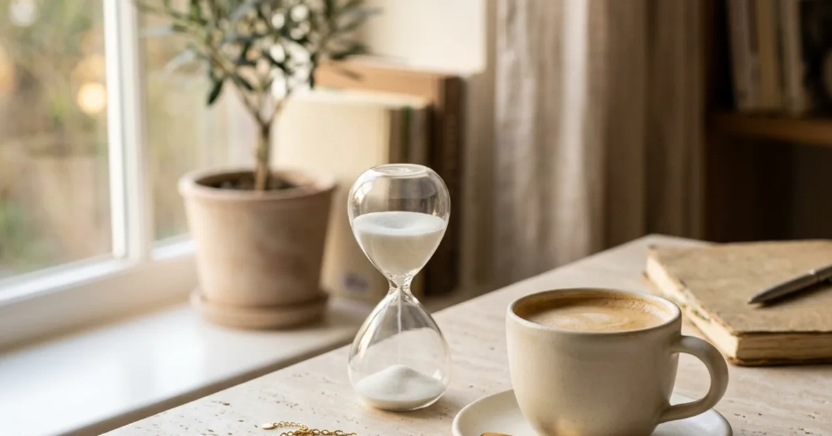 Gold bracelet, hourglass and coffee cup on a pale stone desk