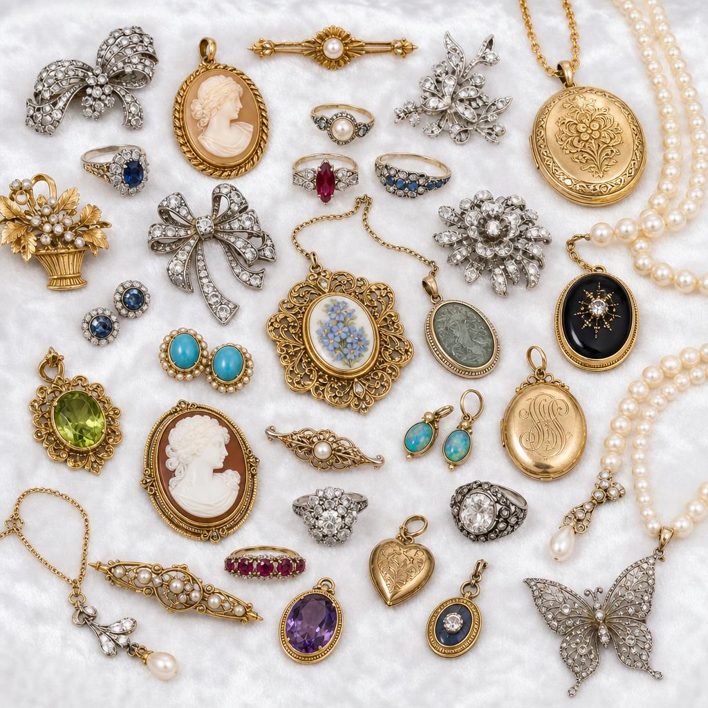 Inherited estate jewelry including cameos, lockets, pearls and gemstone rings